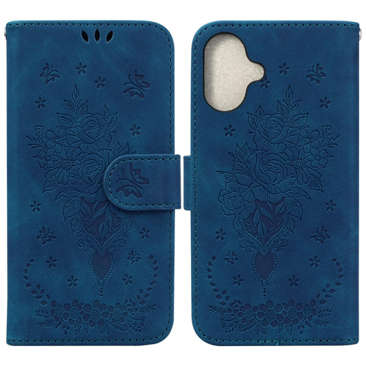 For iPhone 16 Plus Butterfly Rose Embossed Leather Phone Case(Blue) - iPhone 16 Plus Cases by buy2fix | Online Shopping UK | buy2fix