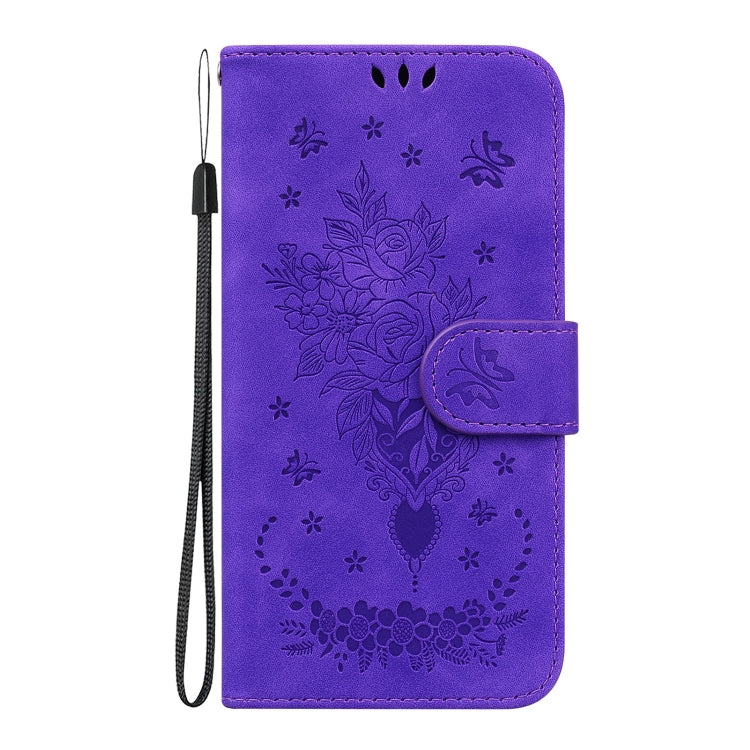 For iPhone 16 Plus Butterfly Rose Embossed Leather Phone Case(Purple) - iPhone 16 Plus Cases by buy2fix | Online Shopping UK | buy2fix