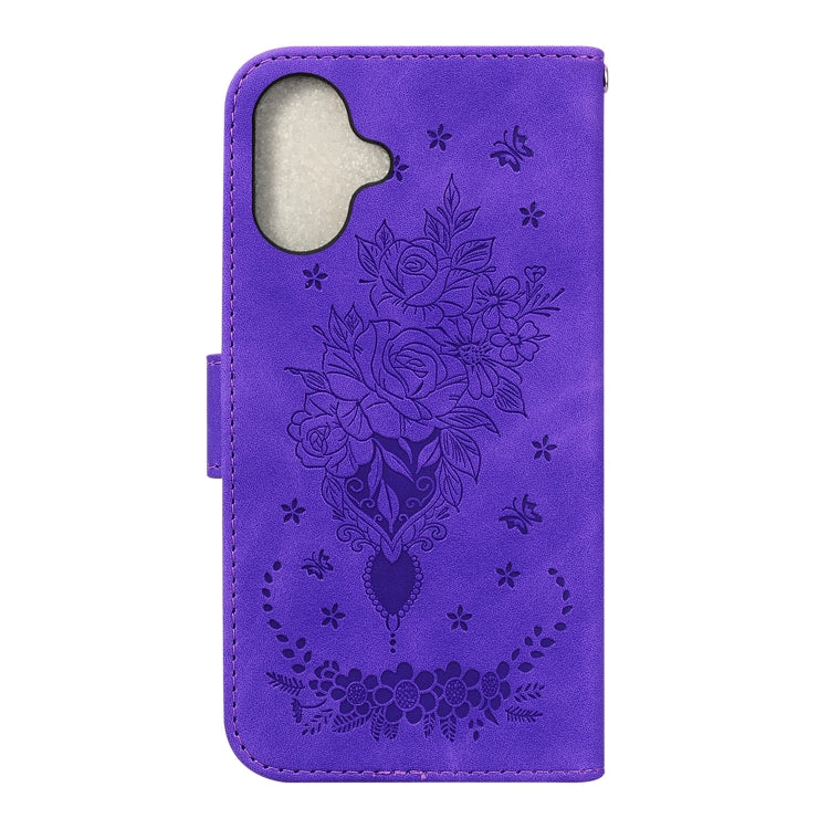 For iPhone 16 Plus Butterfly Rose Embossed Leather Phone Case(Purple) - iPhone 16 Plus Cases by buy2fix | Online Shopping UK | buy2fix