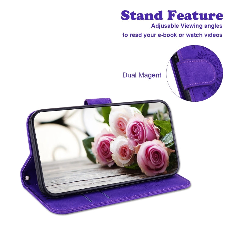 For iPhone 16 Plus Butterfly Rose Embossed Leather Phone Case(Purple) - iPhone 16 Plus Cases by buy2fix | Online Shopping UK | buy2fix