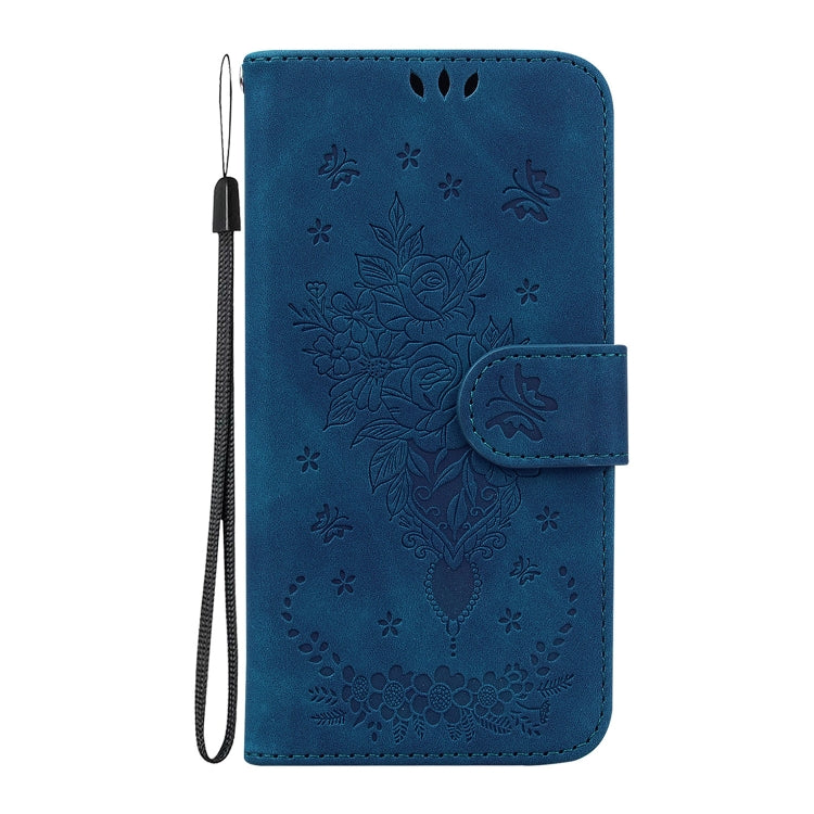 For iPhone 16 Butterfly Rose Embossed Leather Phone Case(Blue) - iPhone 16 Cases by buy2fix | Online Shopping UK | buy2fix