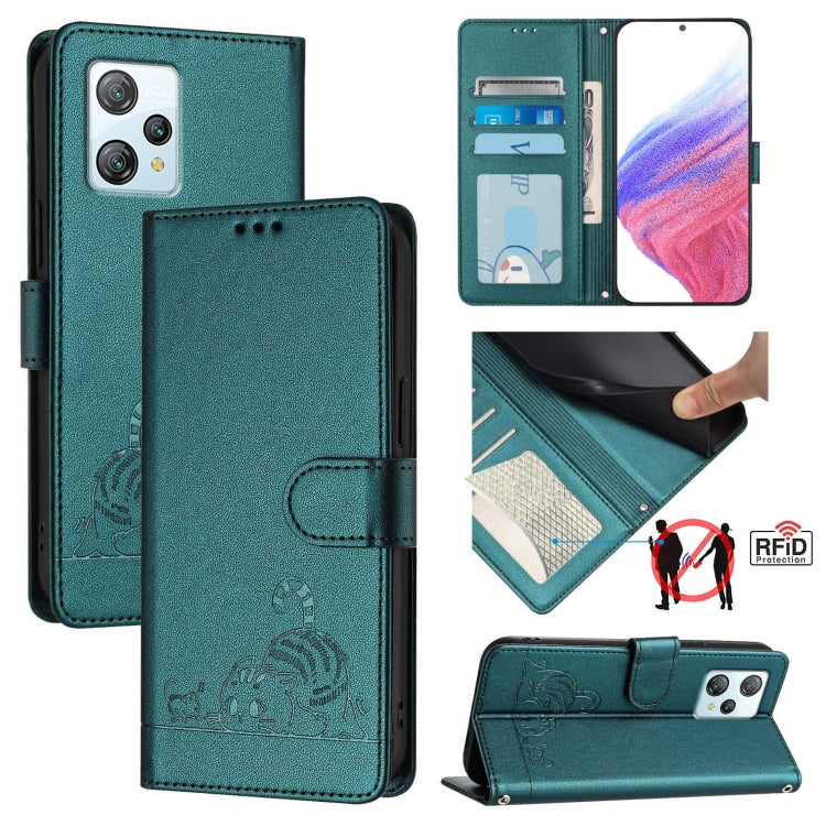 For Blackview A53 Cat Rat Embossed Pattern RFID Leather Phone Case with Lanyard(Peacock Green) - More Brand by buy2fix | Online Shopping UK | buy2fix