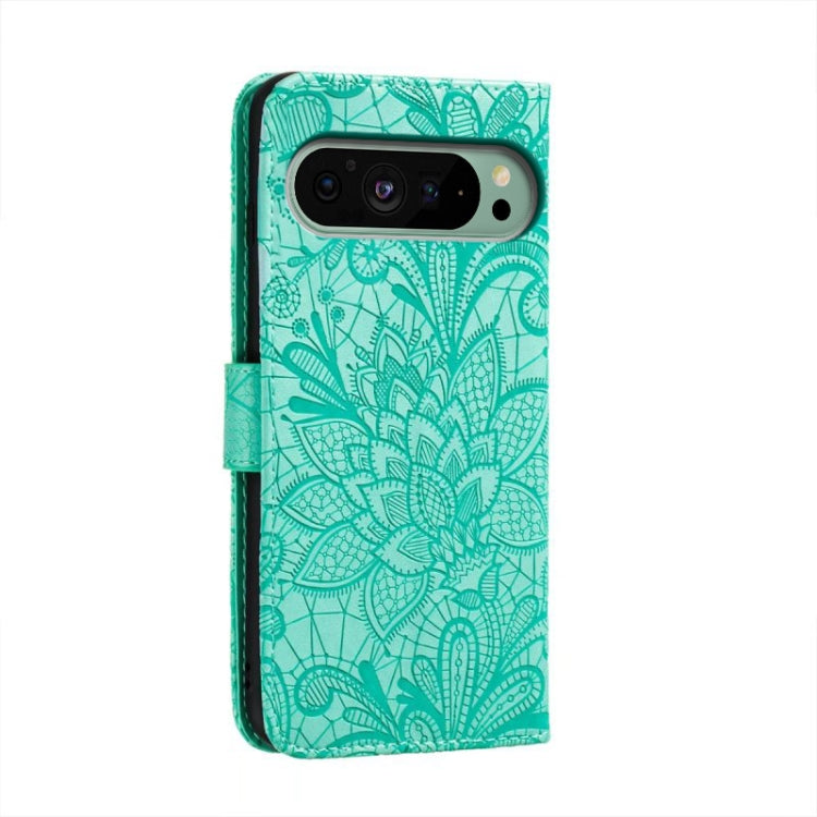 For Google Pixel 9 Lace Flower Embossing Flip Leather Phone Case(Green) - Google Cases by buy2fix | Online Shopping UK | buy2fix