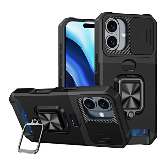 For iPhone 16 Camera Shield Card Slot PC+TPU Phone Case(Black) - iPhone 16 Cases by buy2fix | Online Shopping UK | buy2fix