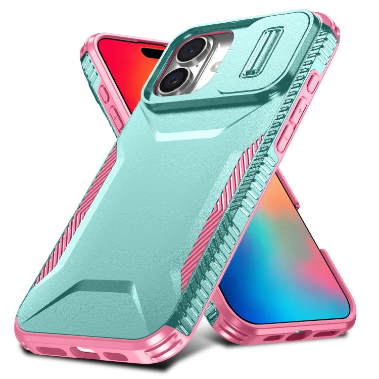 For iPhone 16 Sliding Camshield Phone Case(Grey Green + Pink) - iPhone 16 Cases by buy2fix | Online Shopping UK | buy2fix