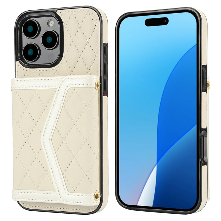 For iPhone 16 Pro Splicing Rhombic Texture Card Bag Phone Case with Long Lanyard(Beige) - iPhone 16 Pro Cases by buy2fix | Online Shopping UK | buy2fix