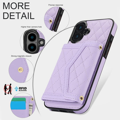 For iPhone 16 Plus Splicing Rhombic Texture Card Bag Phone Case with Long Lanyard(Purple) - iPhone 16 Plus Cases by buy2fix | Online Shopping UK | buy2fix