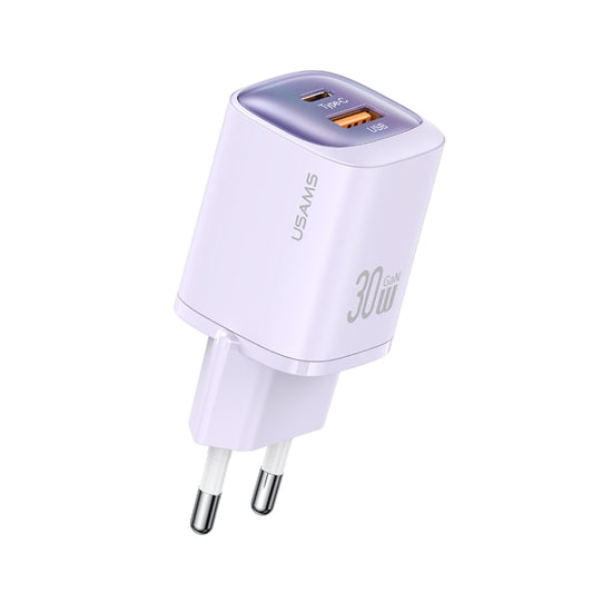 USAMS CC254 30W USB+USB-C / Type-C Dual Port GaN Fast Charger, EU Plug(Purple) - USB Charger by USAMS | Online Shopping UK | buy2fix