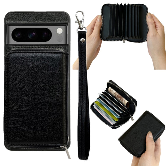 For Google Pixel 9 / 9 Pro Solid Color Zipper 11-Card Slots Bag Phone Case with Lanyard(Black) - Google Cases by buy2fix | Online Shopping UK | buy2fix