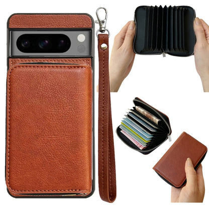 For Google Pixel 9 / 9 Pro Solid Color Zipper 11-Card Slots Bag Phone Case with Lanyard(Brown) - Google Cases by buy2fix | Online Shopping UK | buy2fix