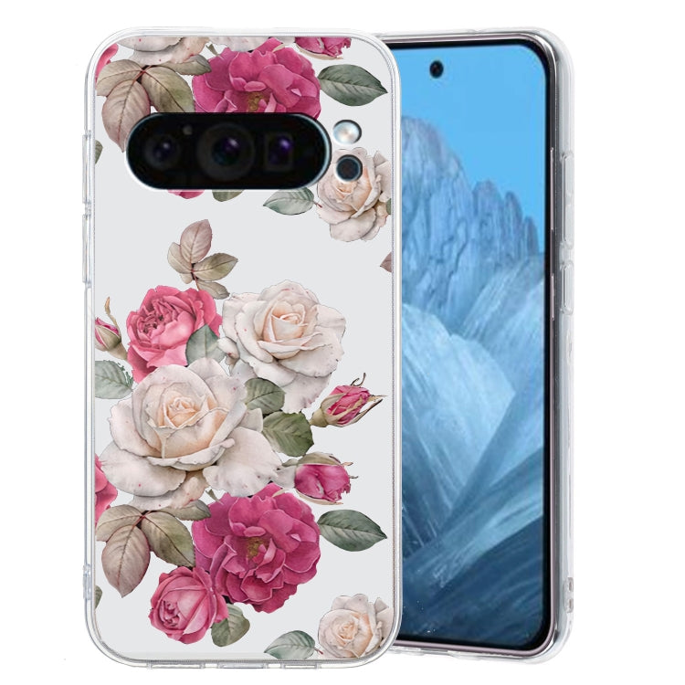 For Google Pixel 9 Colored Drawing Pattern Transparent TPU Phone Case(Peony) - Google Cases by buy2fix | Online Shopping UK | buy2fix