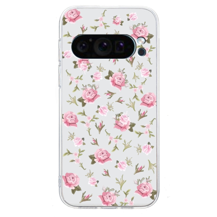 For Google Pixel 9 Colored Drawing Pattern Transparent TPU Phone Case(Pink Floral) - Google Cases by buy2fix | Online Shopping UK | buy2fix