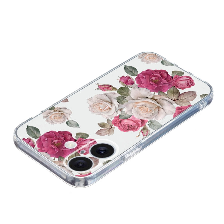 For iPhone 16 Plus Colored Drawing Pattern Transparent TPU Phone Case(Peony) - iPhone 16 Plus Cases by buy2fix | Online Shopping UK | buy2fix