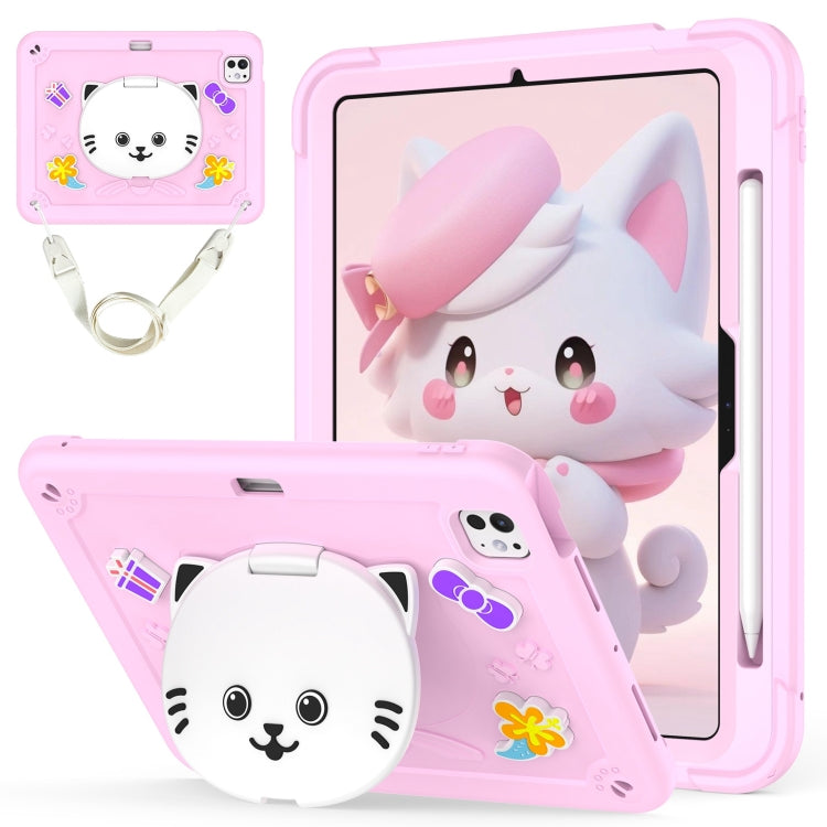 For iPad Pro 11 2024 Cat Holder Silicone Hybrid PC Tablet Case with Strap(Cherry Blossom Pink) - iPad Pro 11 2024 Cases by buy2fix | Online Shopping UK | buy2fix