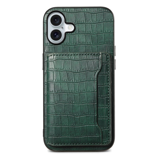 For iPhone 16 Crocodile Texture Card Bag Design Full Coverage Phone Case(Green) - iPhone 16 Cases by buy2fix | Online Shopping UK | buy2fix