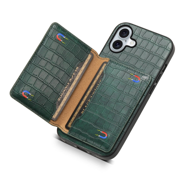 For iPhone 16 Plus Crocodile Texture Card Bag Design Full Coverage Phone Case(Green) - iPhone 16 Plus Cases by buy2fix | Online Shopping UK | buy2fix