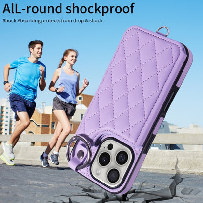 For iPhone 16 Pro Rhombic Texture Card Bag Phone Case with Short Lanyard(Purple) - iPhone 16 Pro Cases by buy2fix | Online Shopping UK | buy2fix