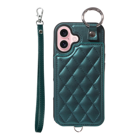 For iPhone 16 Rhombic Texture Card Bag Phone Case with Short Lanyard(Green) - iPhone 16 Cases by buy2fix | Online Shopping UK | buy2fix