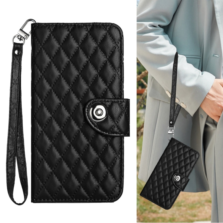 For Redmi K70 Ultra 5G Global Rhombic Texture Flip Leather Phone Case with Lanyard(Black) - Xiaomi Cases by buy2fix | Online Shopping UK | buy2fix