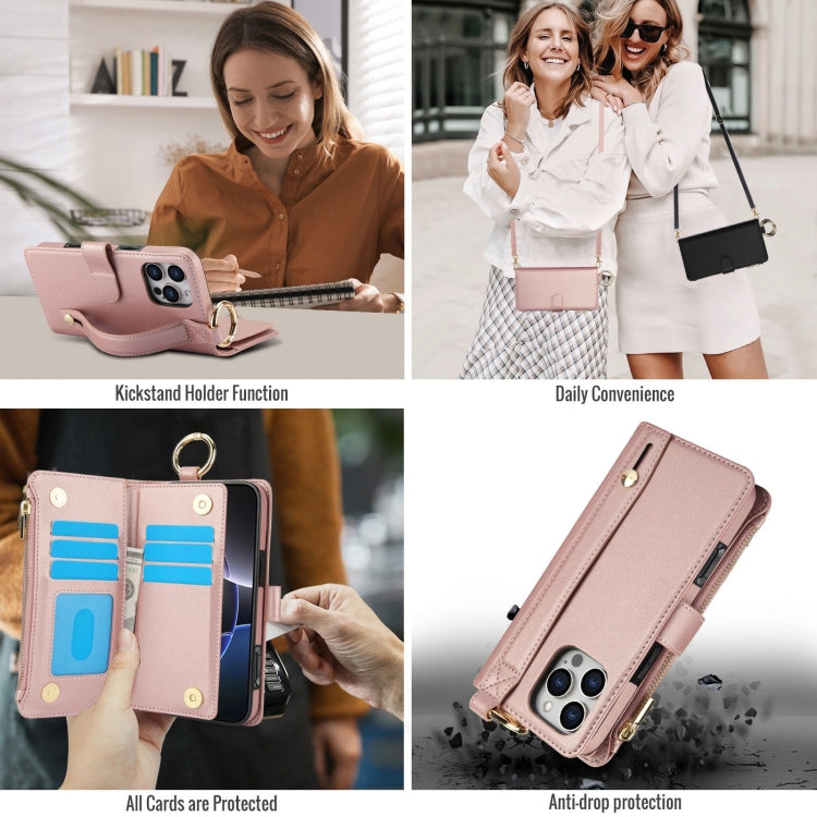 For iPhone 16 Pro Max Crossbody Ring Multifunctional Wallet Leather Phone Case(Rose Gold) - iPhone 16 Pro Max Cases by buy2fix | Online Shopping UK | buy2fix