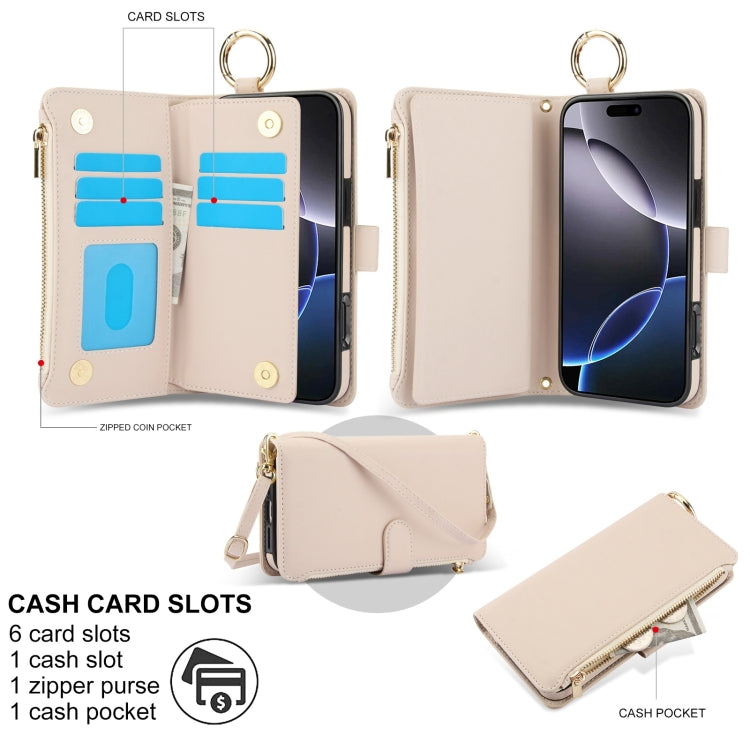 For iPhone 16 Pro Crossbody Ring Multifunctional Wallet Leather Phone Case(White) - More iPhone Cases by buy2fix | Online Shopping UK | buy2fix