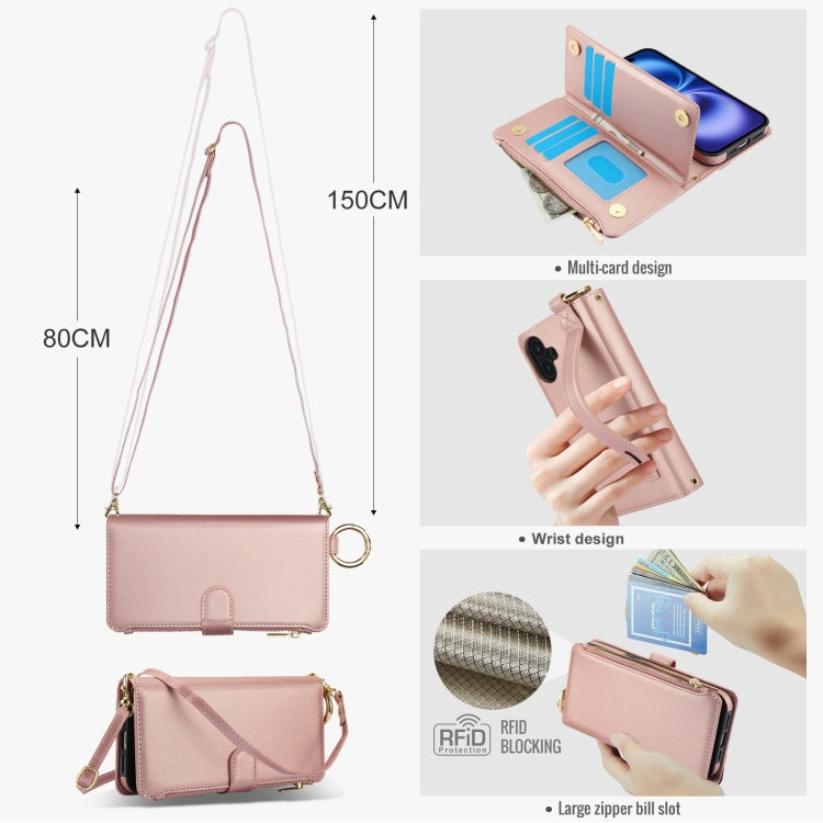 For iPhone 16 Plus Crossbody Ring Multifunctional Wallet Leather Phone Case(Rose Gold) - iPhone 16 Plus Cases by buy2fix | Online Shopping UK | buy2fix