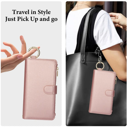 For iPhone 16 Crossbody Ring Multifunctional Wallet Leather Phone Case(Rose Gold) - iPhone 16 Cases by buy2fix | Online Shopping UK | buy2fix