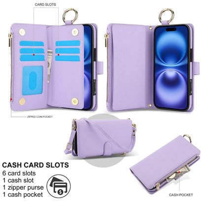 For iPhone 16 Crossbody Ring Multifunctional Wallet Leather Phone Case(Purple) - iPhone 16 Cases by buy2fix | Online Shopping UK | buy2fix