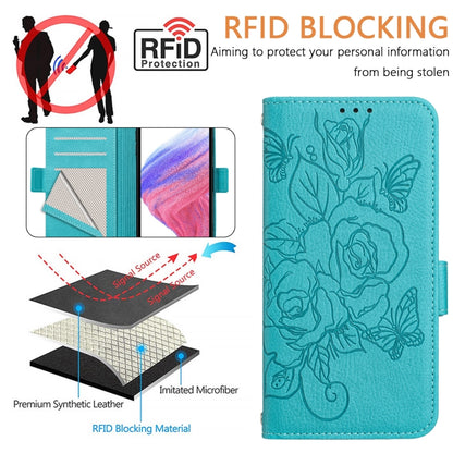 For iPhone SE 2024 Embossed Rose RFID Anti-theft Leather Phone Case(Light Blue) - More iPhone Cases by buy2fix | Online Shopping UK | buy2fix