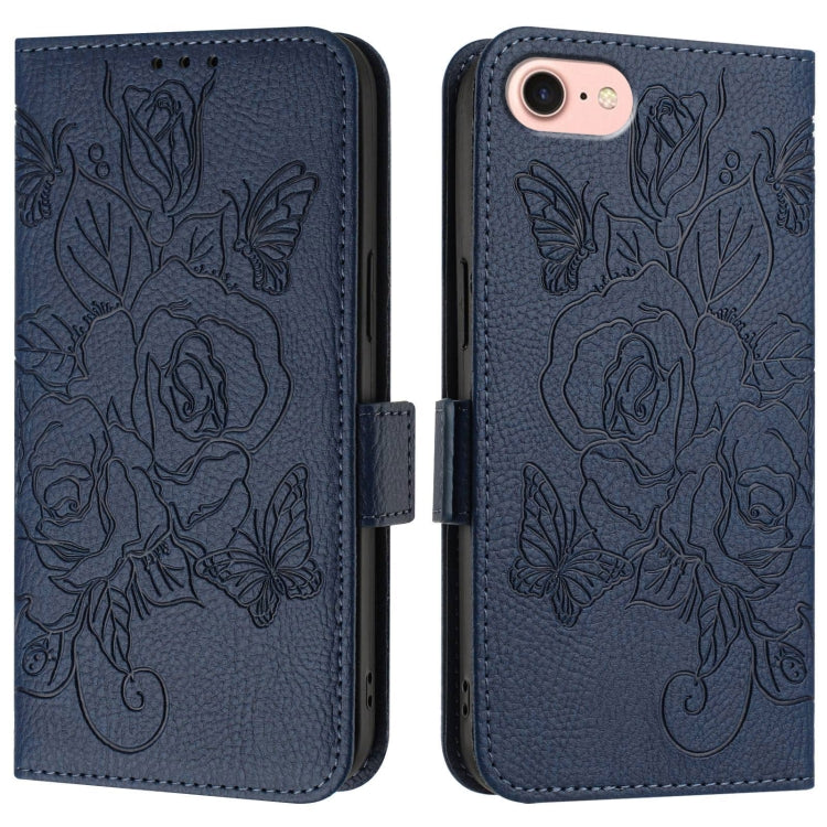 For iPhone SE 2024 Embossed Rose RFID Anti-theft Leather Phone Case(Dark Blue) - More iPhone Cases by buy2fix | Online Shopping UK | buy2fix