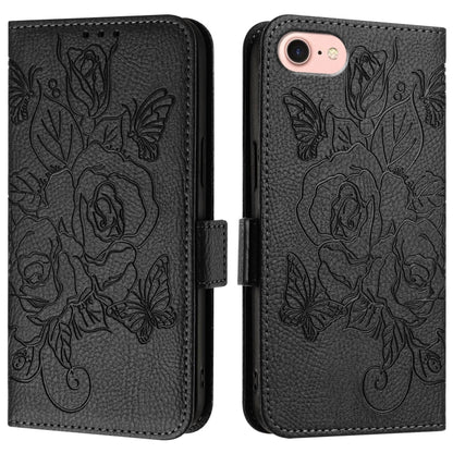 For iPhone SE 2024 Embossed Rose RFID Anti-theft Leather Phone Case(Black) - More iPhone Cases by buy2fix | Online Shopping UK | buy2fix