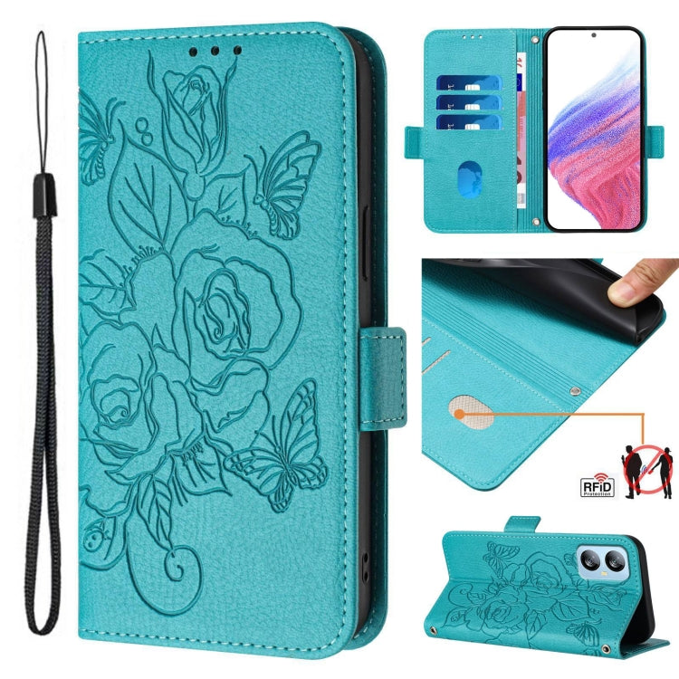 For Blackview A52 Embossed Rose RFID Anti-theft Leather Phone Case(Light Blue) - More Brand by buy2fix | Online Shopping UK | buy2fix