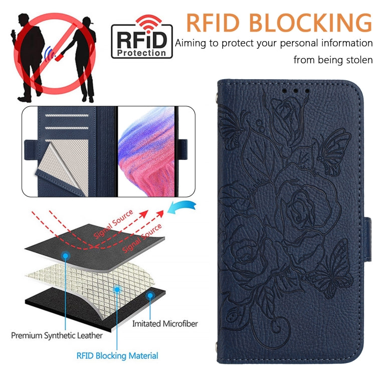 For Blackview A53 Embossed Rose RFID Anti-theft Leather Phone Case(Dark Blue) - More Brand by buy2fix | Online Shopping UK | buy2fix