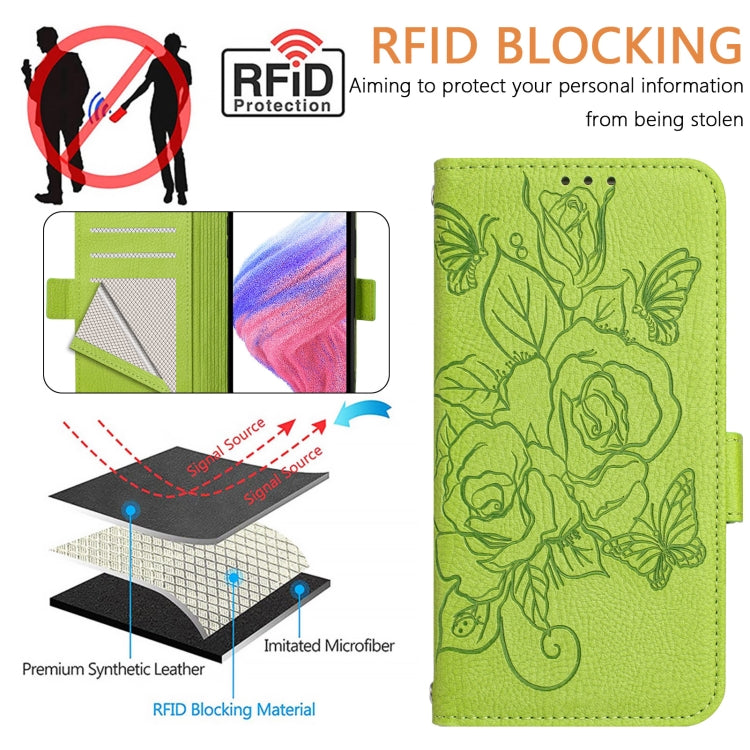 For Google Pixel 9 / 9 Pro Embossed Rose RFID Anti-theft Leather Phone Case(Green) - Google Cases by buy2fix | Online Shopping UK | buy2fix