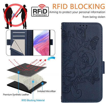 For Google Pixel 9 / 9 Pro Embossed Rose RFID Anti-theft Leather Phone Case(Dark Blue) - Google Cases by buy2fix | Online Shopping UK | buy2fix