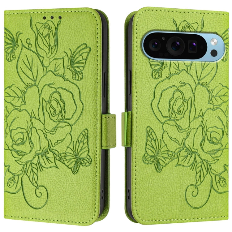 For Google Pixel 9 Pro XL Embossed Rose RFID Anti-theft Leather Phone Case(Green) - Google Cases by buy2fix | Online Shopping UK | buy2fix