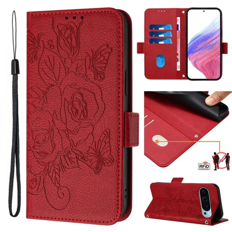 For Google Pixel 9 Pro XL Embossed Rose RFID Anti-theft Leather Phone Case(Red) - Google Cases by buy2fix | Online Shopping UK | buy2fix