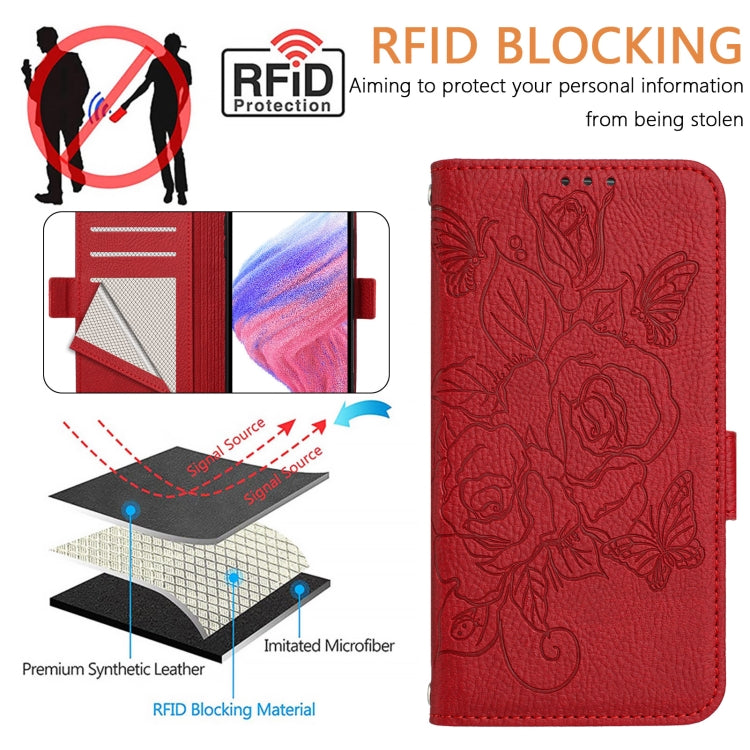 For Google Pixel 9 Pro XL Embossed Rose RFID Anti-theft Leather Phone Case(Red) - Google Cases by buy2fix | Online Shopping UK | buy2fix