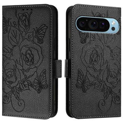 For Google Pixel 9 Pro XL Embossed Rose RFID Anti-theft Leather Phone Case(Black) - Google Cases by buy2fix | Online Shopping UK | buy2fix