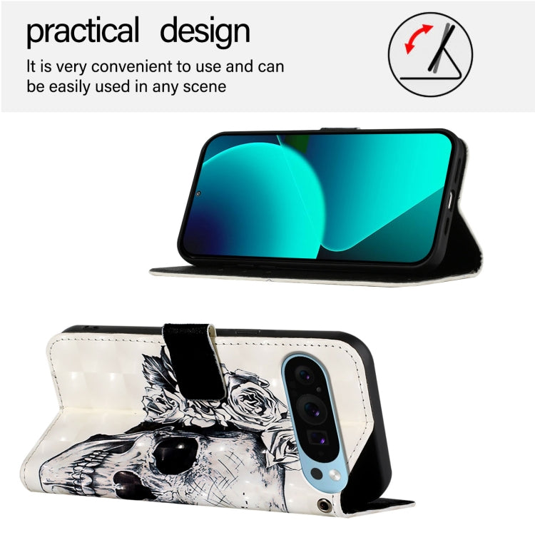 For Google Pixel 9 3D Painting Horizontal Flip Leather Phone Case(Skull) - Google Cases by buy2fix | Online Shopping UK | buy2fix