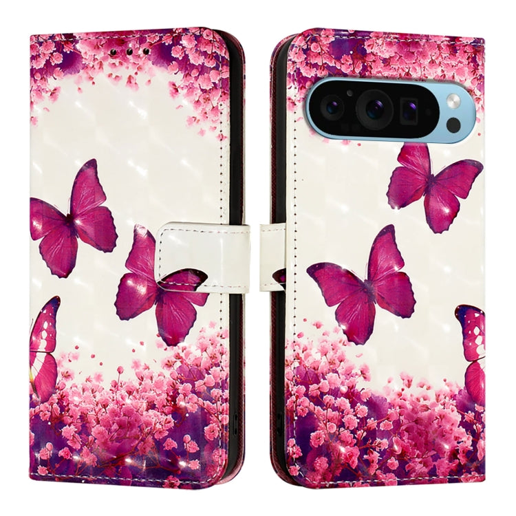 For Google Pixel 9 Pro XL 3D Painting Horizontal Flip Leather Phone Case(Rose Butterfly) - Google Cases by buy2fix | Online Shopping UK | buy2fix