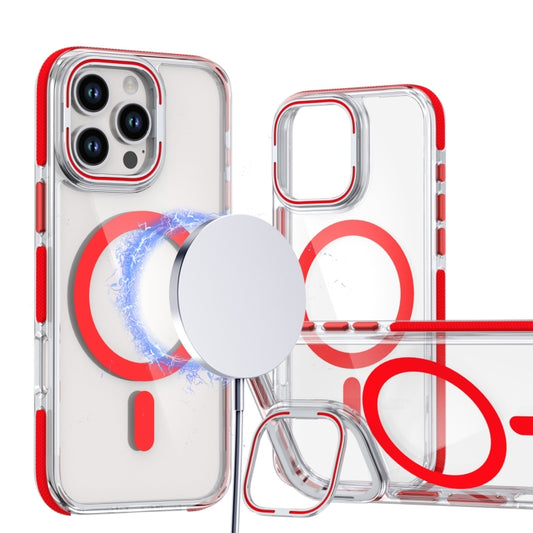 For iPhone 16 Pro Dual-Color Clear Acrylic Hybrid TPU Lens Flip Holder MagSafe Phone Case(Red) - iPhone 16 Pro Cases by buy2fix | Online Shopping UK | buy2fix