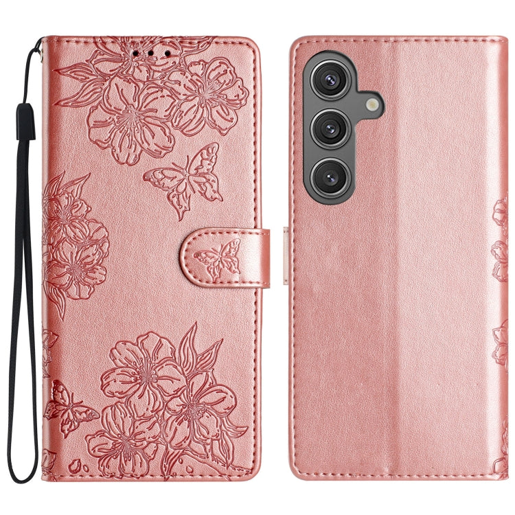 For Samsung Galaxy S25 5G Cherry Blossom Butterfly Skin Feel Embossed PU Phone Case(Rose Gold) - Galaxy S25 5G Cases by buy2fix | Online Shopping UK | buy2fix