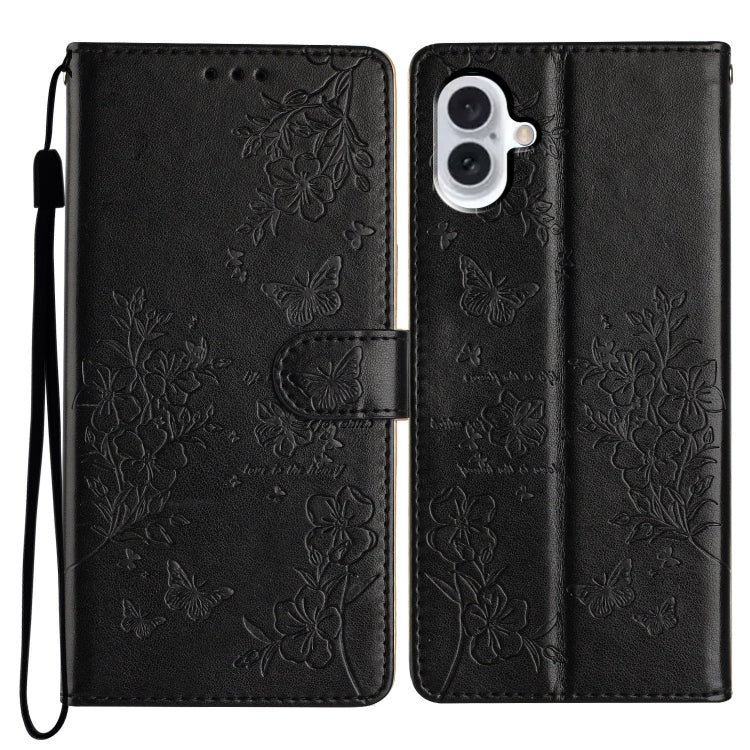 For iPhone 16 Butterflies and Flowers Leather Phone Case(Black) - iPhone 16 Cases by buy2fix | Online Shopping UK | buy2fix