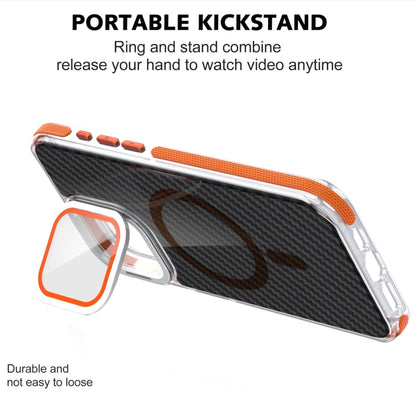 For iPhone 14 Plus Magsafe Dual-Color Carbon Fiber Lens Film Phone Case with Lens Fold Holder(Orange) - iPhone 14 Plus Cases by buy2fix | Online Shopping UK | buy2fix