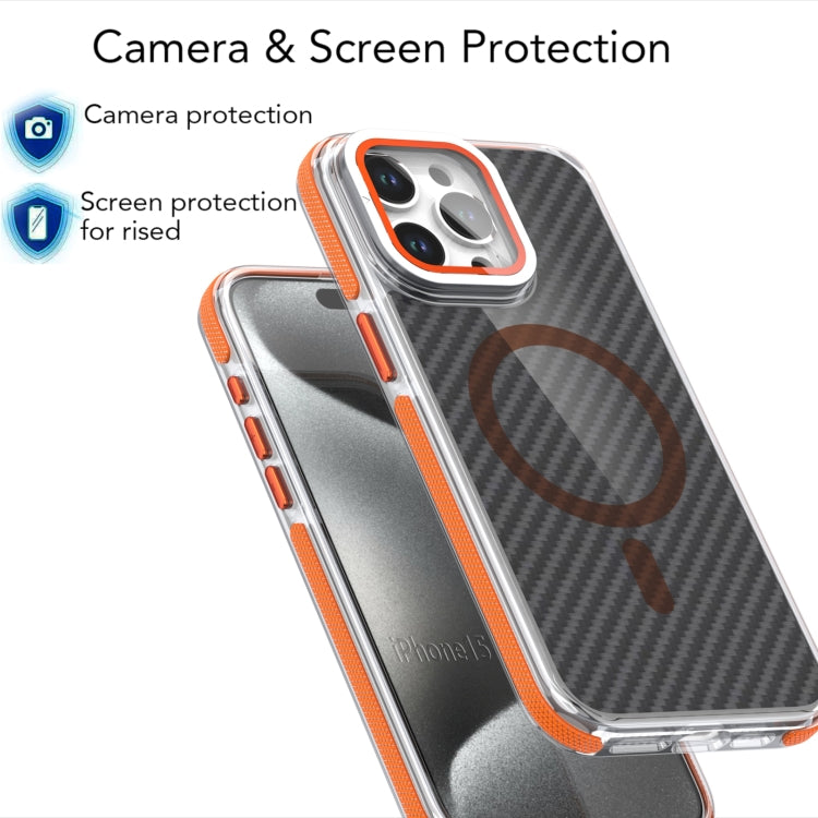 For iPhone 16 Pro Magsafe Dual-Color Carbon Fiber Lens Film Phone Case with Lens Fold Holder(Orange) - iPhone 16 Pro Cases by buy2fix | Online Shopping UK | buy2fix