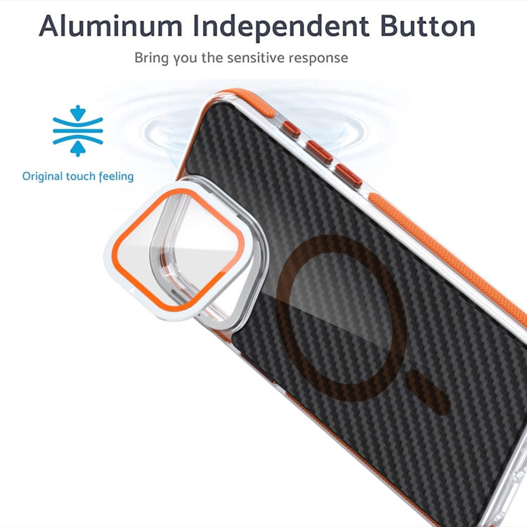 For iPhone 14 Plus Magsafe Dual-Color Carbon Fiber Lens Film Phone Case with Lens Fold Holder(Orange) - iPhone 14 Plus Cases by buy2fix | Online Shopping UK | buy2fix