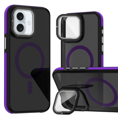 For iPhone 16 Magsafe Dual-Color Skin Feel Lens Film Phone Case with Lens Fold Holder(Purple) - More iPhone Cases by buy2fix | Online Shopping UK | buy2fix