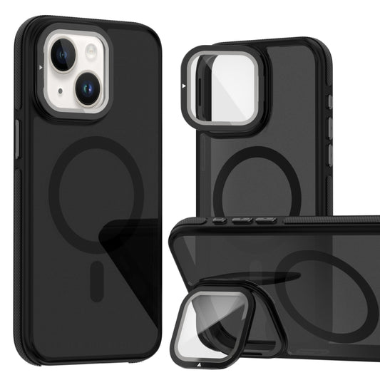 For iPhone 14 Plus Magsafe Dual-Color Skin Feel Lens Film Phone Case with Lens Fold Holder(Black) - iPhone 14 Plus Cases by buy2fix | Online Shopping UK | buy2fix