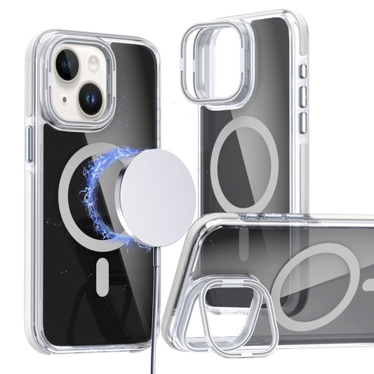 For iPhone 14 Plus Magsafe Dual-Color Transparent Black Lens Holder Phone Case(White) - iPhone 14 Plus Cases by buy2fix | Online Shopping UK | buy2fix